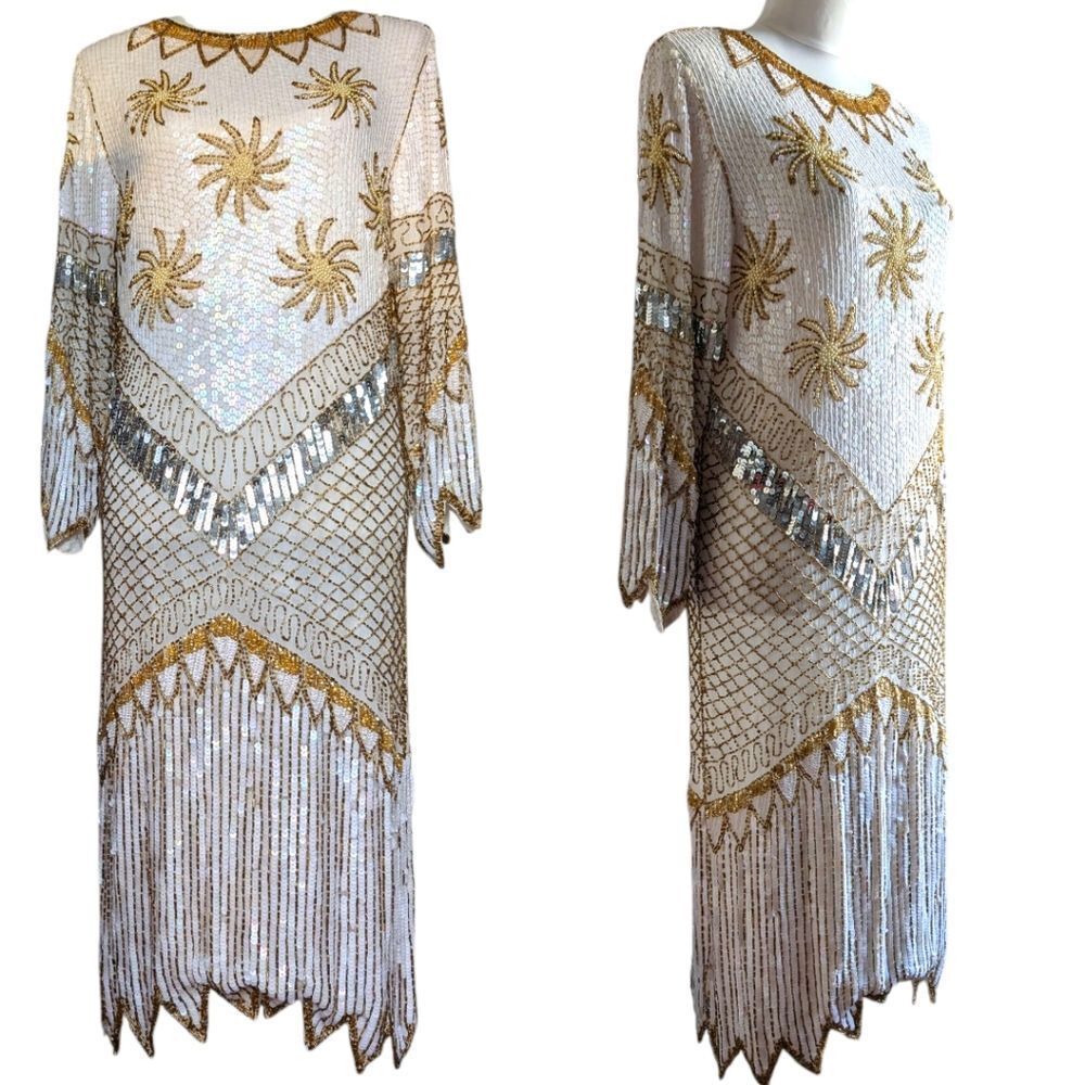 Vintage White and Gold Beaded Midi Dress